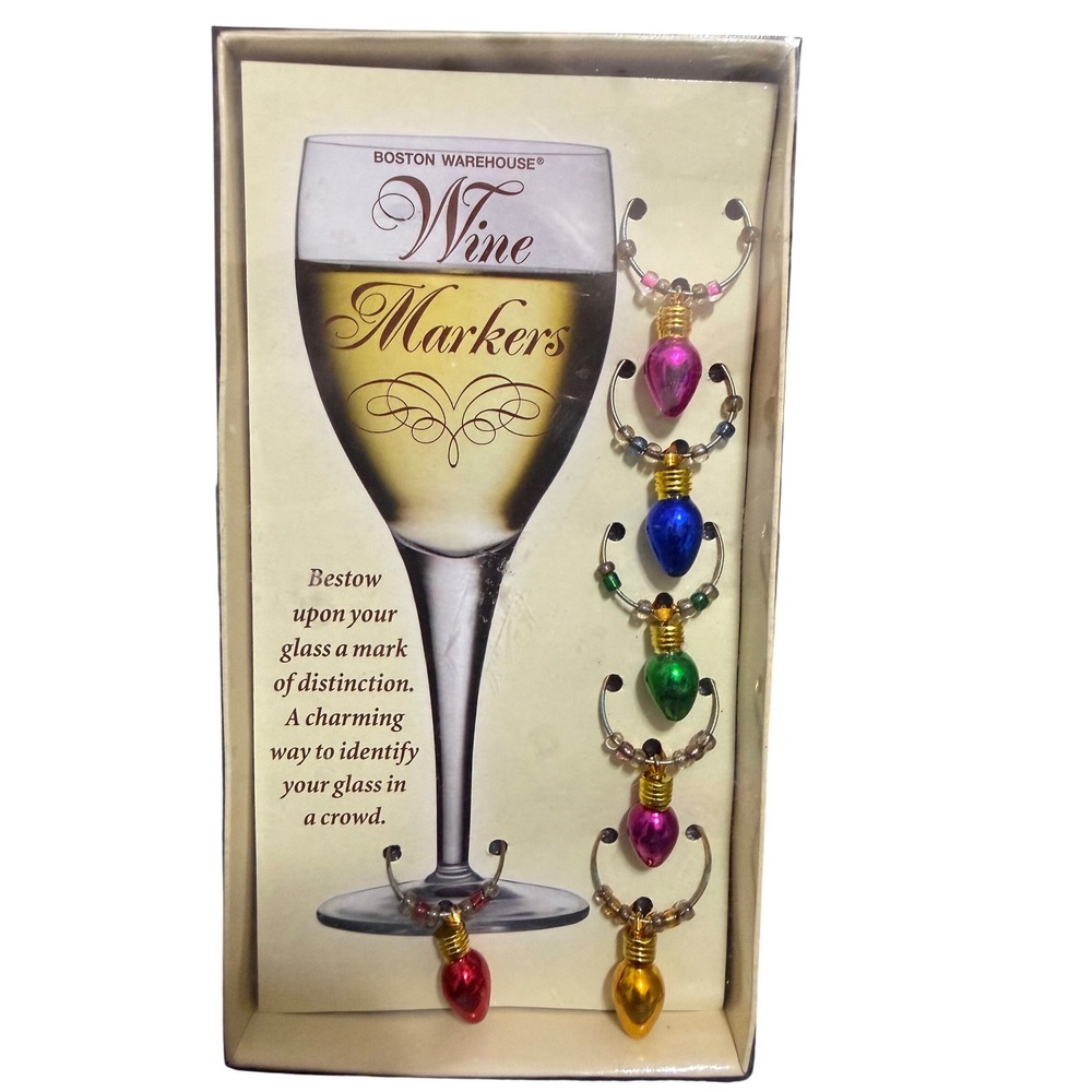 Boston Warehouse Christmas Light Bulb Wine Glass Charms Set of 6 Holiday Markers